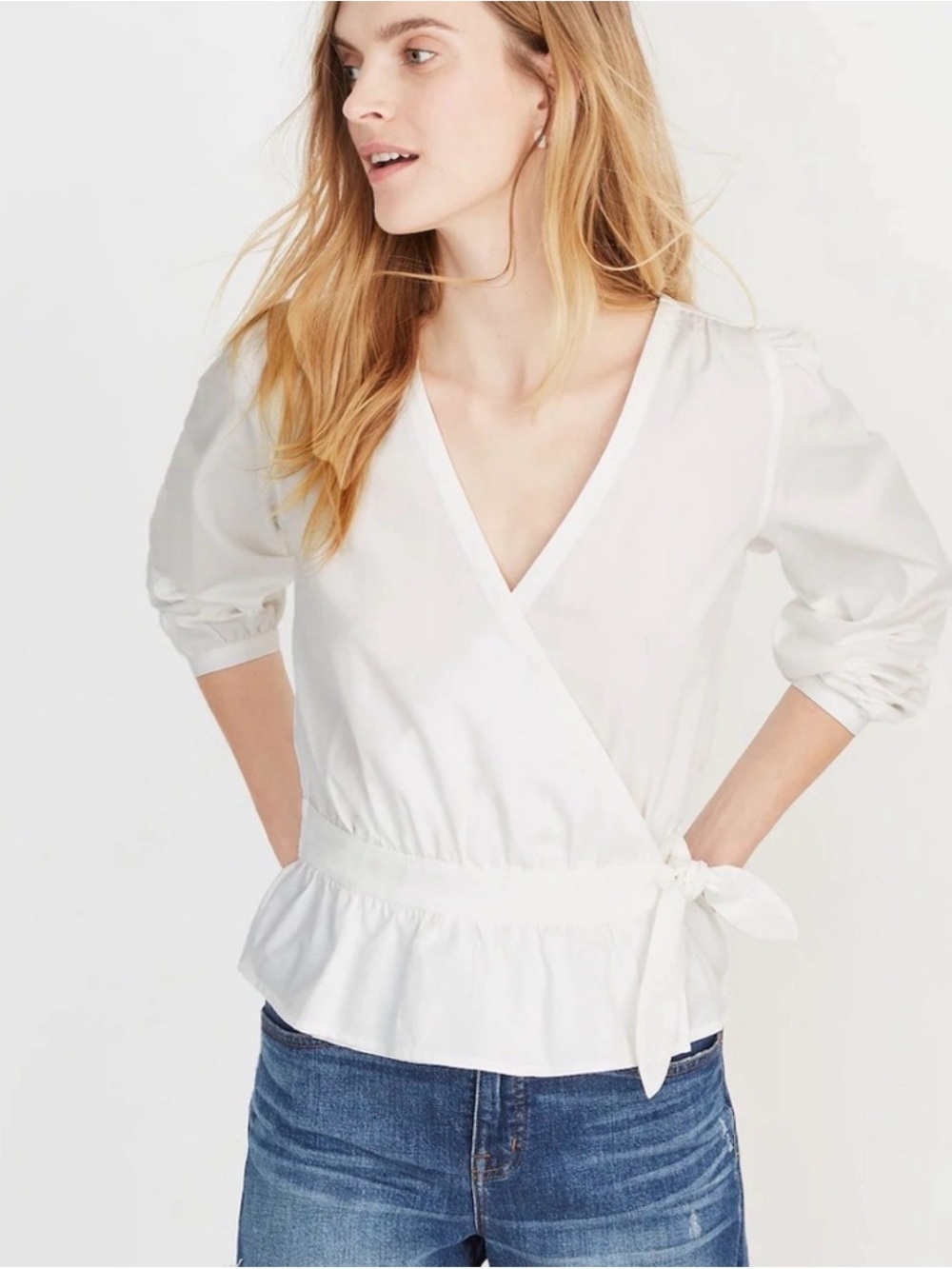 Madewell Puff Sleeve Peplum Wrap Top Pure White NWT Medium
